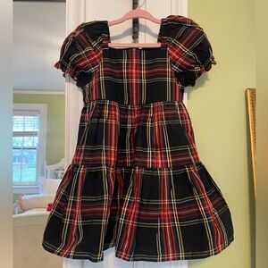 Crewcuts girls square-neck tiered dress in Black Stewart Tartan Plaid